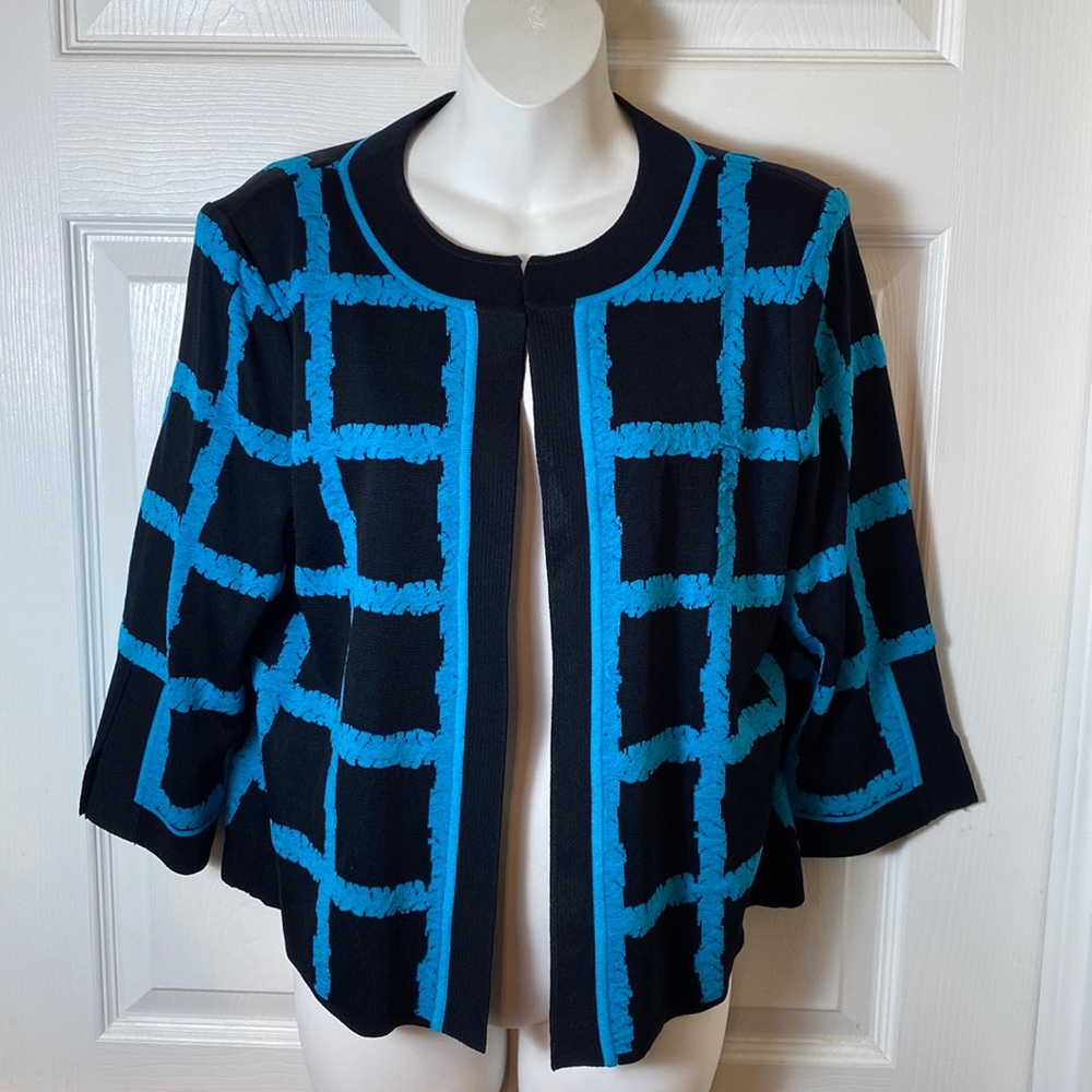 Ming Wang Women’s Knit Jacket Open Front Cardigan Black Aqua Sweater S/M
